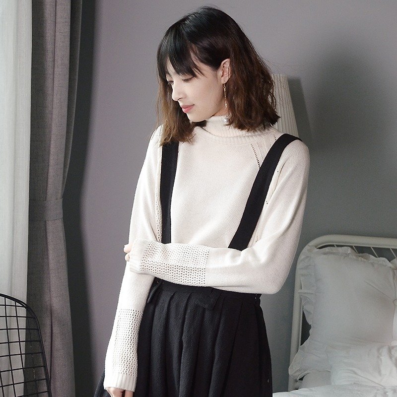 High-necked white retro jacquard sweater | Sweater | Australian Merino wool | Indie brand | Sora-86 - Women's Sweaters - Wool White