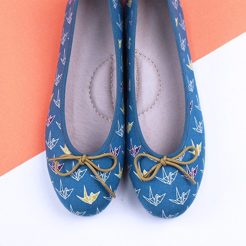 【現貨】歐規36.38 Shoes Party藍色千紙鶴芭蕾舞鞋 /手工訂製/日本布料 - 女款休閒鞋 - 棉．麻 