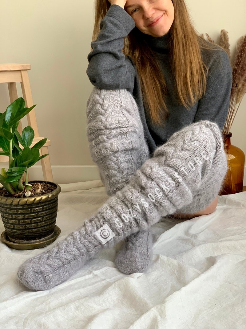 Chunky wool leggings Boot socks Socks plus size Knitted socks Sexy winter socks - Stockings - Wool Gray