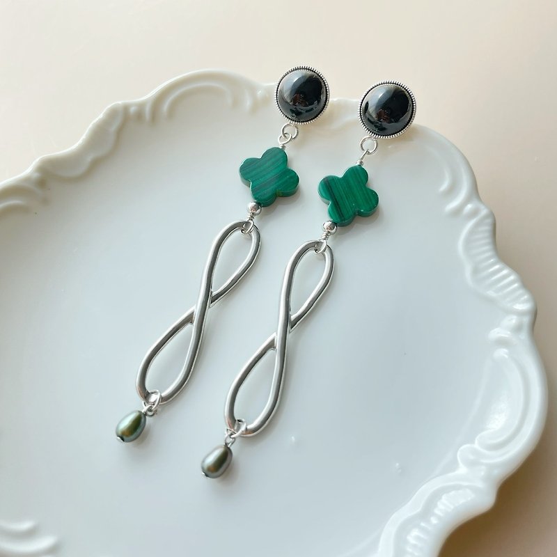 Malachite long earrings/ Clip-On - Earrings & Clip-ons - Semi-Precious Stones Green