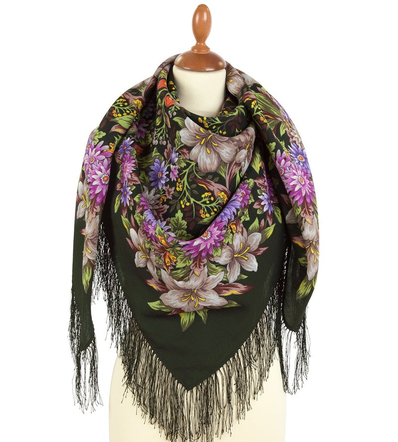 Pavlovo Posad Russian Shawl 100% Wool Scarf 125x125 cm Wrap Silk Fringe 1987-10 - 絲巾 - 羊毛 綠色