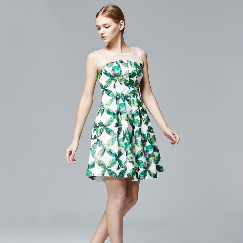 3D digital print pleat sleeveless dress - ชุดเดรส - เส้นใยสังเคราะห์ สีเขียว