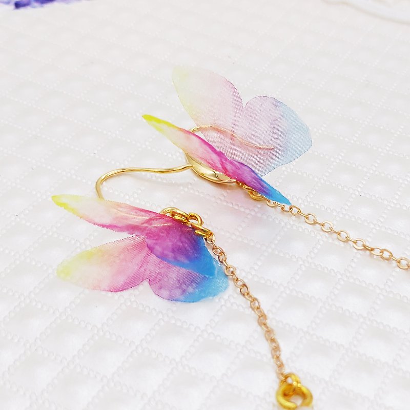 Daqian Design Rainbow Comrade Flying Tulle Butterfly Pearl Earrings/Clip Gifts Xie Shiyan - Earrings & Clip-ons - Cotton & Hemp Multicolor