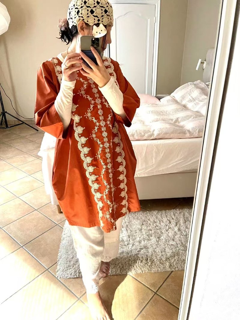 Light Hanfu Mercerized Cotton Embroidered Cocoon-Shaped Wide Sleeve Midi Dress - One Piece Dresses - Cotton & Hemp 