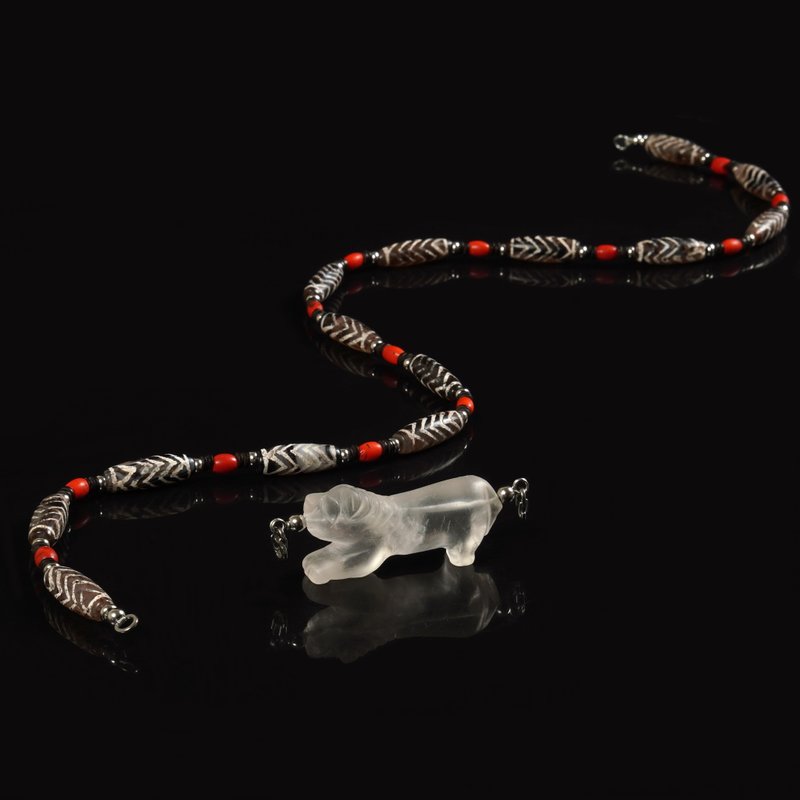 Myanmar crystal tiger. Tiger pattern ancient bead necklace (length 75 cm) - สร้อยคอยาว - วัสดุอื่นๆ 