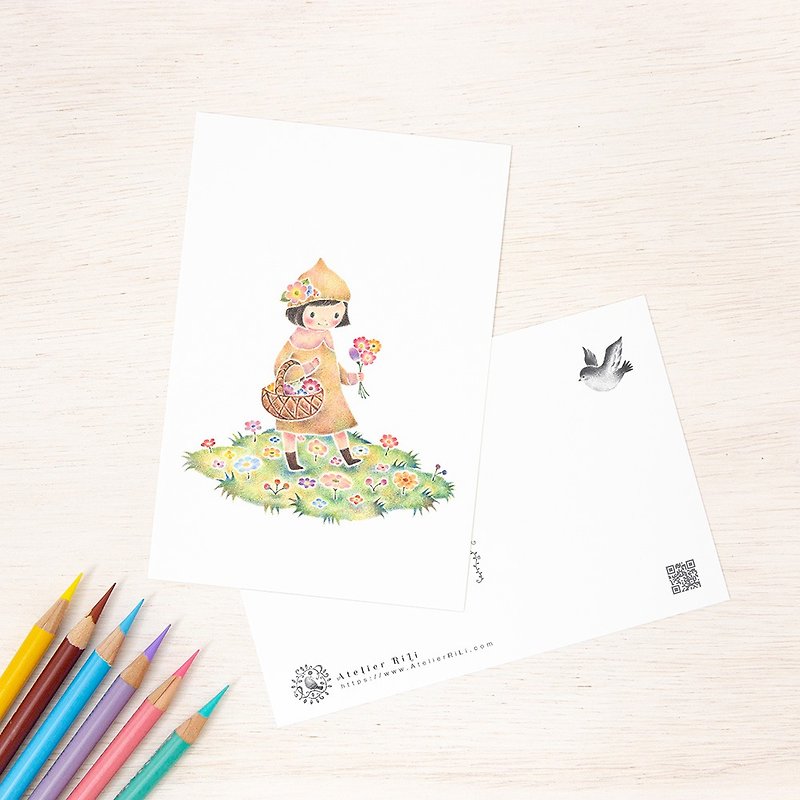 Set of 5 pieces. Like a picture book. Postcard "Sera of a girl holding flowers" PC-305 - Cards & Postcards - Paper Pink