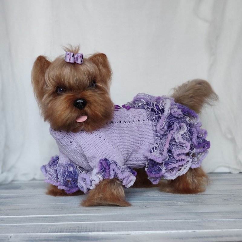 Fancy knit dog dress with ruffle for chihuahua yorkie Handmade dog sweater - 寵物衣服 - 竹 
