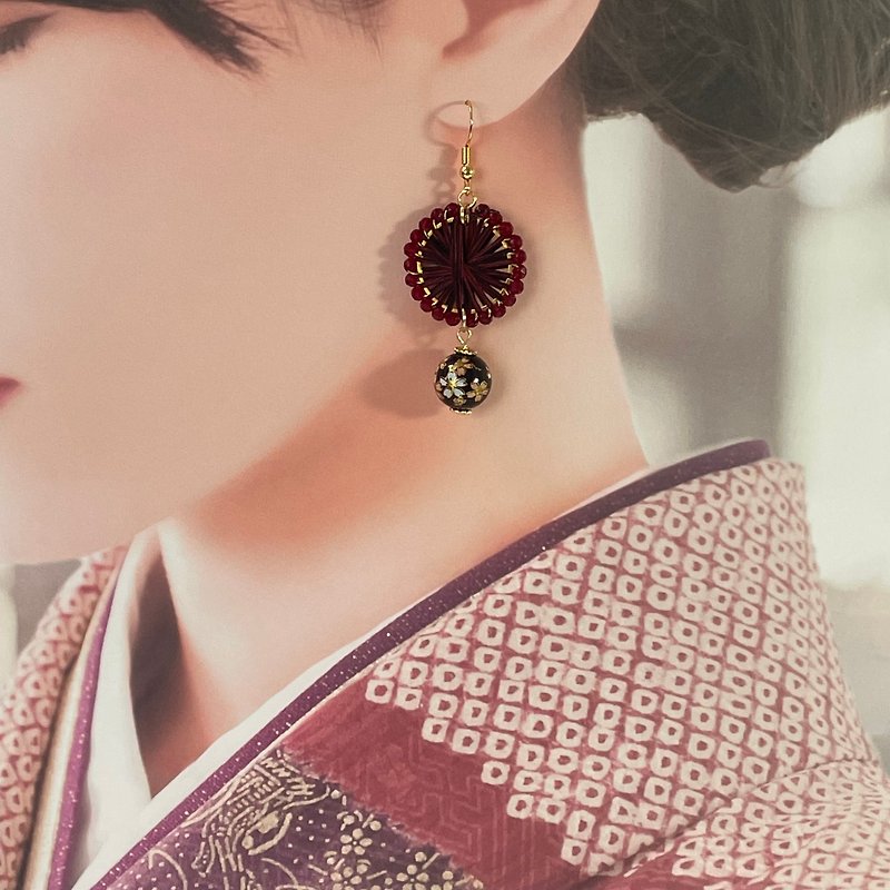 Cute swaying earrings with cherry blossom pattern beads in a red wine-like color - Earrings & Clip-ons - Thread Red