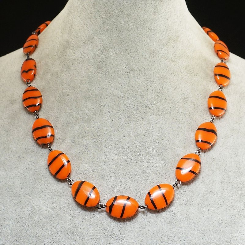 Orange Tiger Necklace Animal Print Czech Glass Beaded Statement Necklace Jewelry - Necklaces - Glass Orange