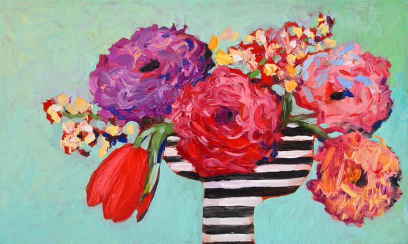 原始油畫鬱金香在條紋花瓶中畫出春天的花朵 - 插畫/繪畫/寫字 - 其他材質 紅色