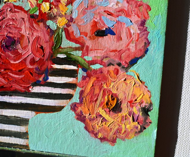 縞模様の花瓶に春の花を描くオリジナルの油絵チューリップ - ショップ