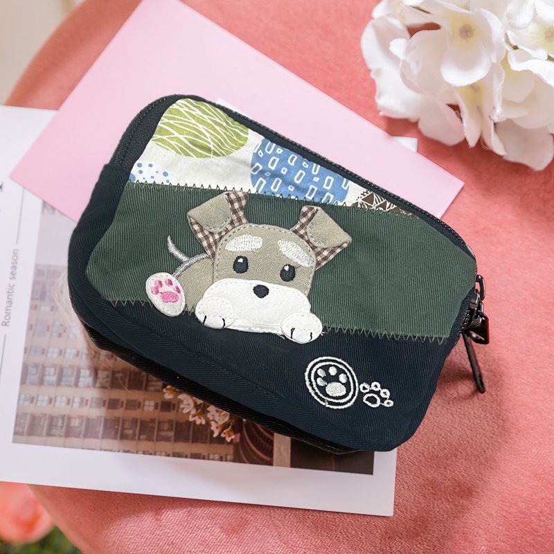 Schnauzer zipper three-layer small items storage/miscellaneous bag/clutch bag [820105] - กระเป๋าเครื่องสำอาง - ผ้าฝ้าย/ผ้าลินิน สีเขียว