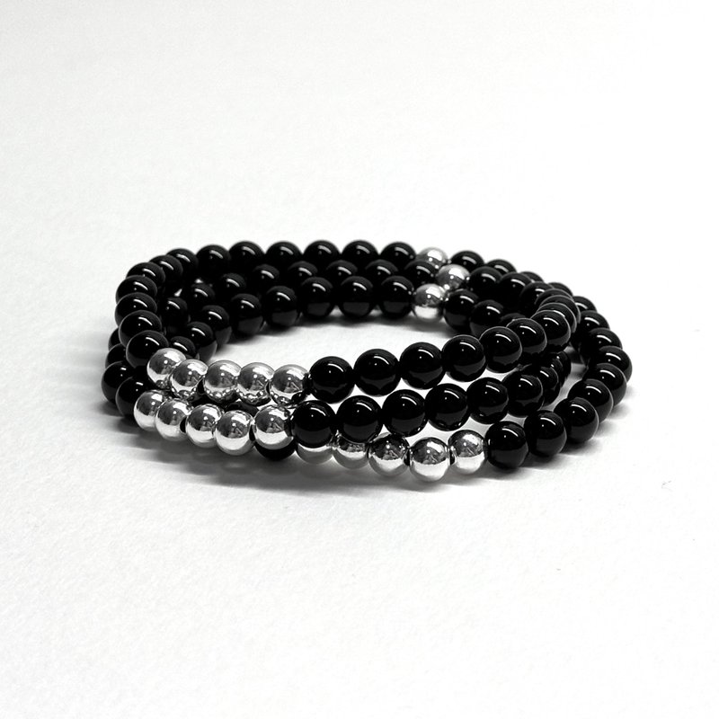 [Three Rings] Black Agate | Silver three-ring thin bracelet can be used as a necklace - Bracelets - Semi-Precious Stones Black