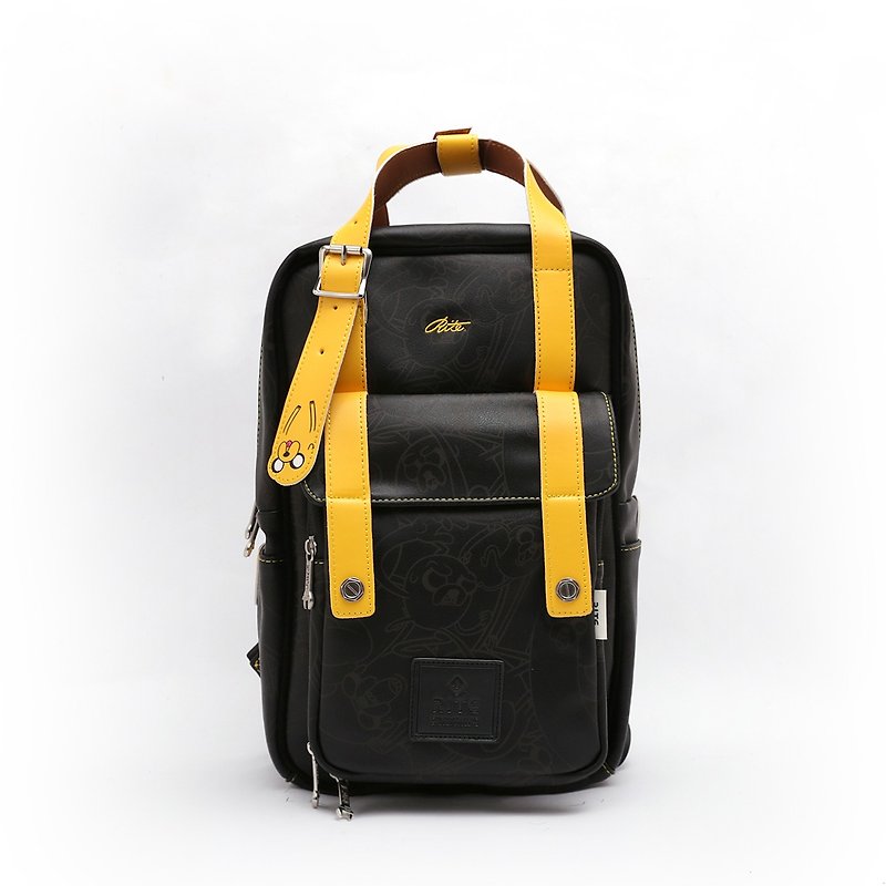 RITE X Adventure Treasure [Twin Series] Advanced Edition - Roaming Backpack - Leather Black x Yellow (中) - กระเป๋าเป้สะพายหลัง - วัสดุกันนำ้ สีดำ