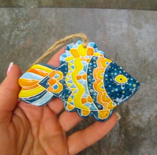 魚 陶器製 壁飾り 陶器の魚の壁飾り、黄色と青の魚の飾り、陶器の魚の壁アート、魚