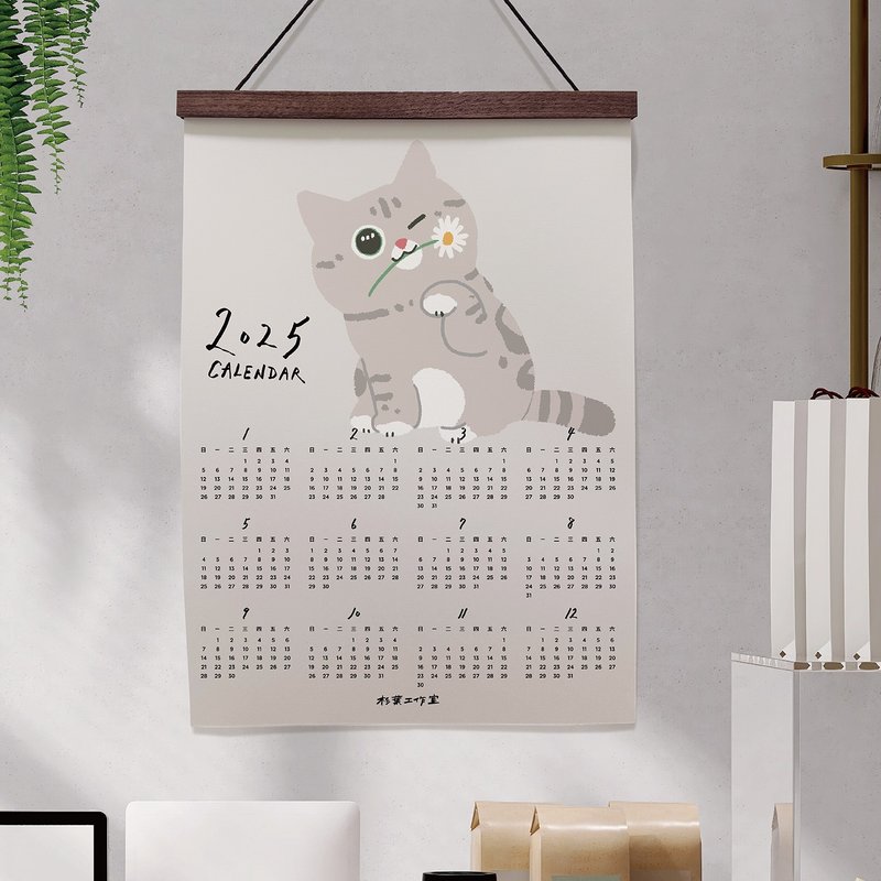 Mori Ou Illustration 2025 Calendar Gray Cat Holding Flowers Calendar Poster Home Decoration Store Decoration Exchange of Gifts - Calendars - Paper 