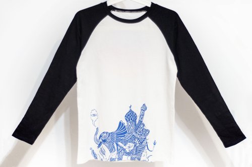 omhandmade 女裝純棉長袖棒球裝上衣 黑白撞色印花T-shirt-印度大象跳舞書本