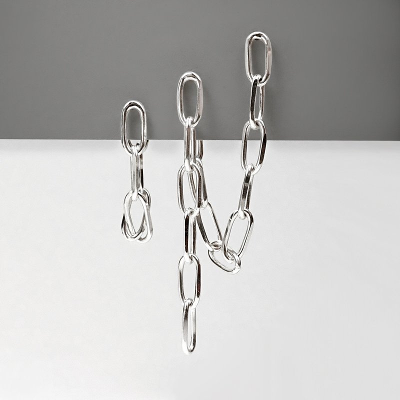 [Single Side]- Crazy Geometry | Minimalist (Long) Oval Cut Angle Chain 925 Sterling Silver Earrings - ต่างหู - เงินแท้ 