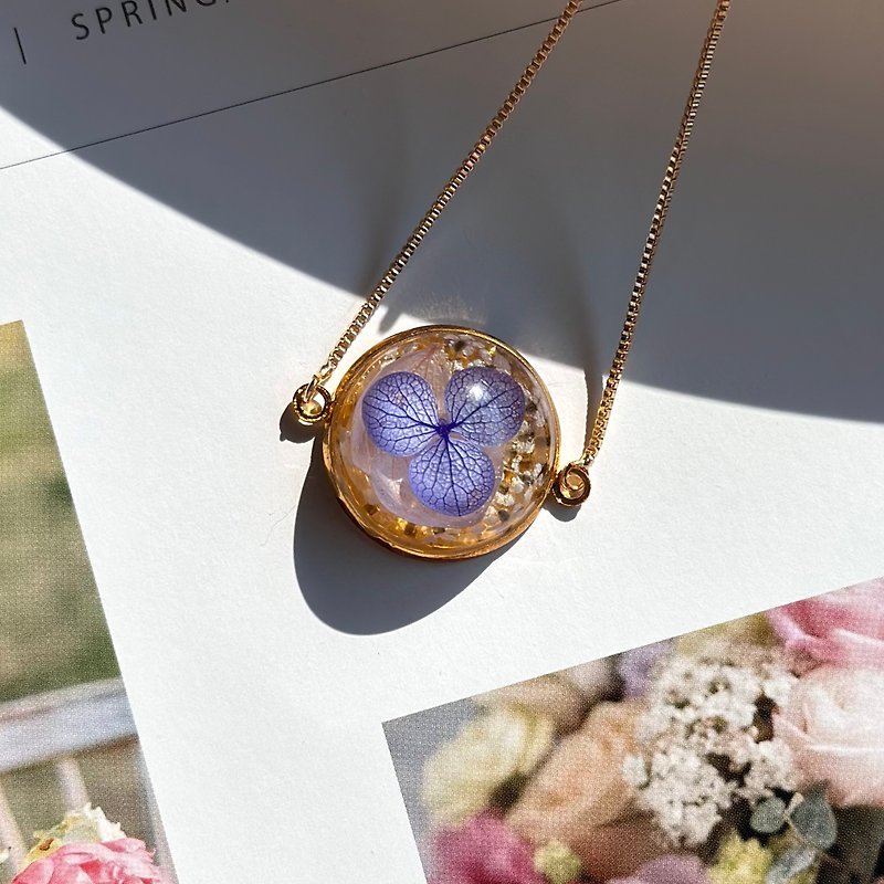 Handmade Flower Bracelet With 14K Gold Freesize Adjustable Chain (Hydrangea) - 手鍊/手鐲 - 貴金屬 紫色