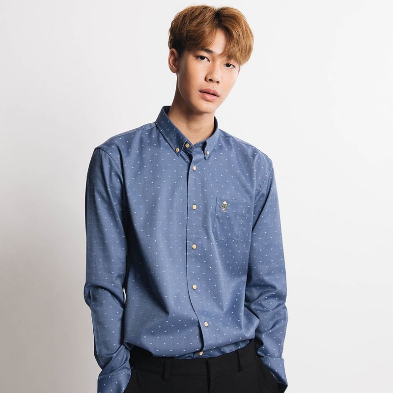 (SIZE S) PINE TREE // blue dot // men slim fit - 男襯衫/休閒襯衫 - 棉．麻 藍色