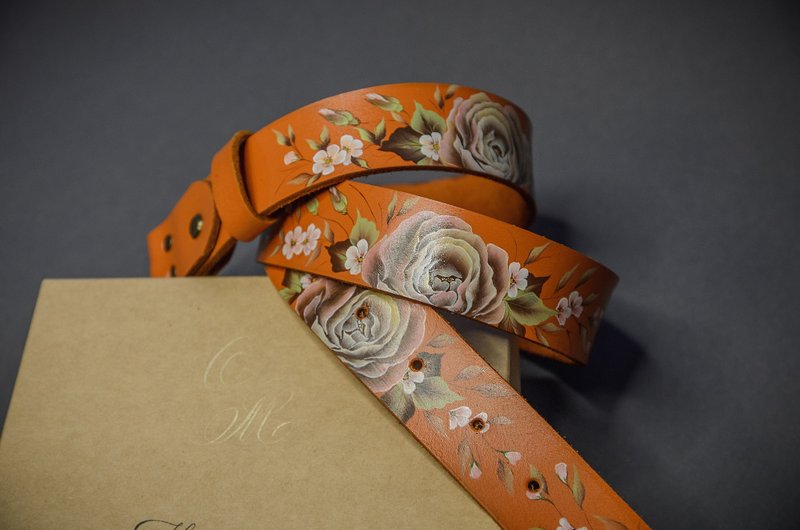 Orange leather women belt Tooled leather belt for her Tan belt Real leather belt - เข็มขัด - หนังแท้ สีส้ม