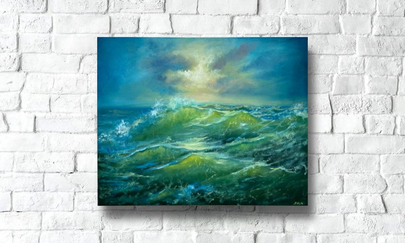 Blue Ocean Painting, Original Oil Seascape Art, Ocean Wall Decor, Handmade Art - 海報/掛畫/掛布 - 其他材質 藍色