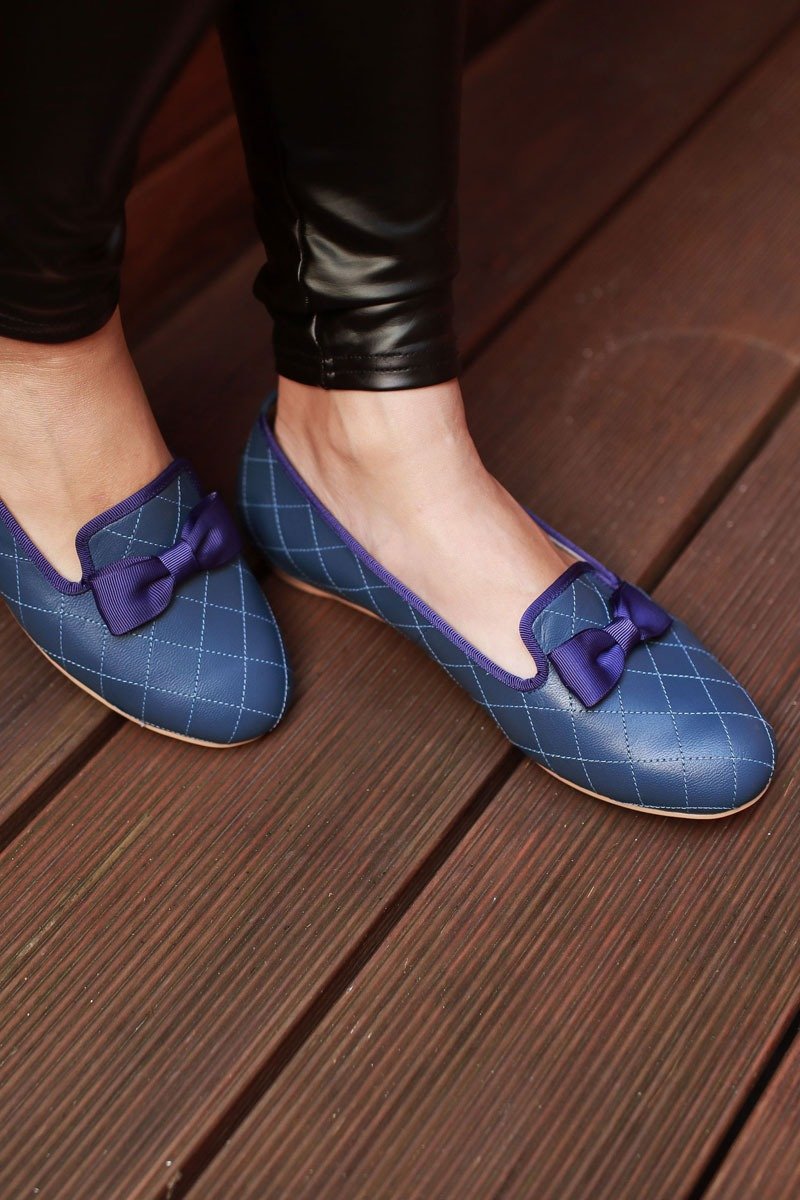 台灣手工鞋 小香風菱格樂福鞋 真皮皮鞋 平底娃娃鞋-時尚藍 - 女牛津鞋/樂福鞋 - 真皮 藍色