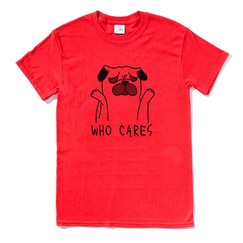 Who Cares Pug red t shirt - เสื้อผู้หญิง - ผ้าฝ้าย/ผ้าลินิน สีแดง