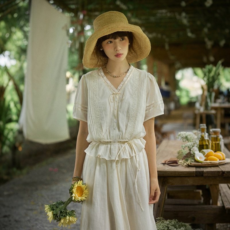 法國蕾絲古董小衫洋裝|襯衫|連衣裙|夏款|Sora-1842 - 女襯衫 - 棉．麻 