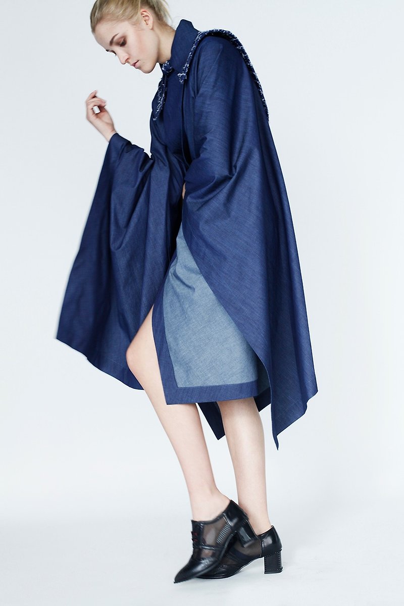 披風: 丹寧:日本製: 一片式剪裁 - 女大衣/外套 - 棉．麻 藍色