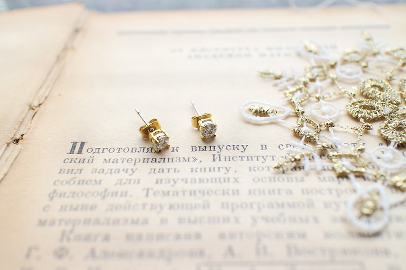 Mini spot -Zircon brass handmade earrings - Earrings & Clip-ons - Copper & Brass Gold
