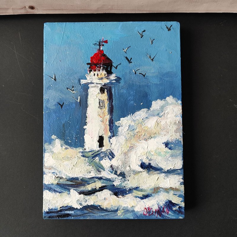 Lighthouse Original Art Seascape Oil Painting Lighthouse Artwork Sea Art - Wall Décor - Other Materials Blue