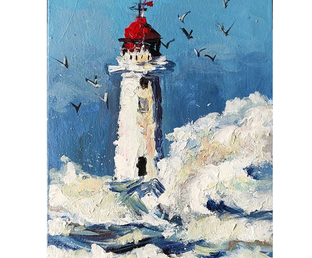 灯台オリジナルアート 海の風景油絵 灯台のアートワーク 海の