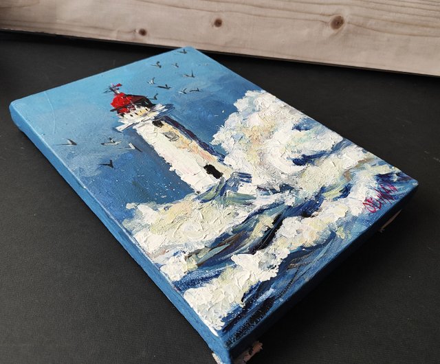 灯台オリジナルアート 海の風景油絵 灯台のアートワーク 海のアート