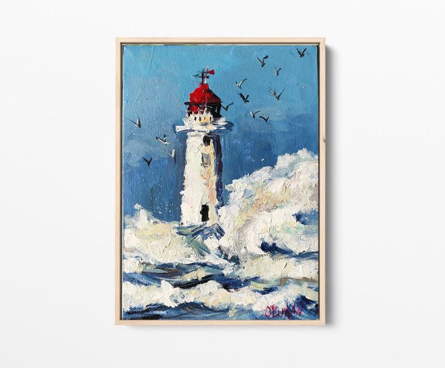 絵画　海　灯台 絵画海灯台