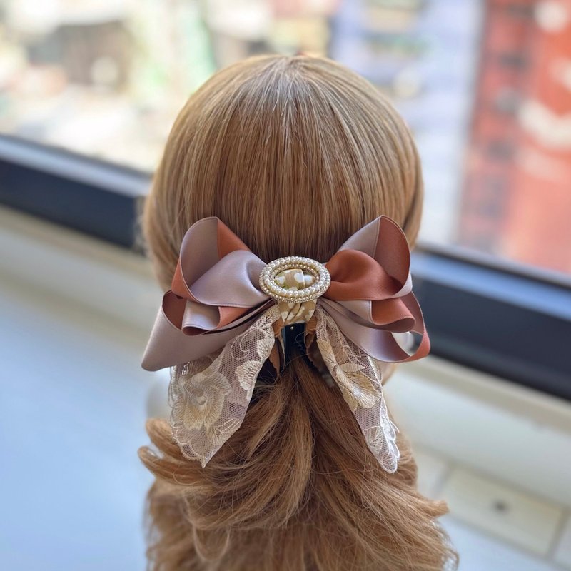 Exclusive lace bow intersecting clip banana clip fairy clip hair clip - brown - Hair Accessories - Other Materials Brown