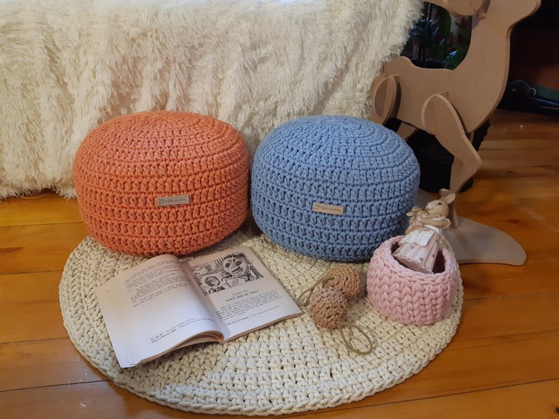 Crochet pouf ottoman cotton cord - Chairs & Sofas - Cotton & Hemp Blue