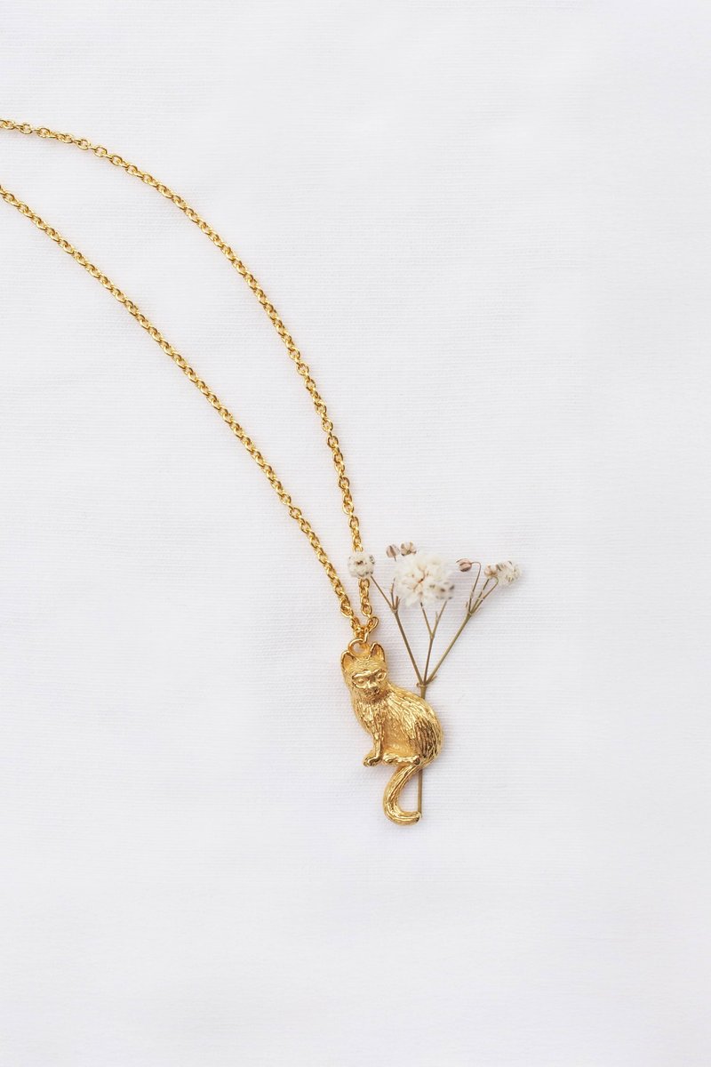 Sitting Cat Pendant Necklace,925 Sterling Silver Necklace with Cat Charm Pendant - 項鍊 - 純銀 金色