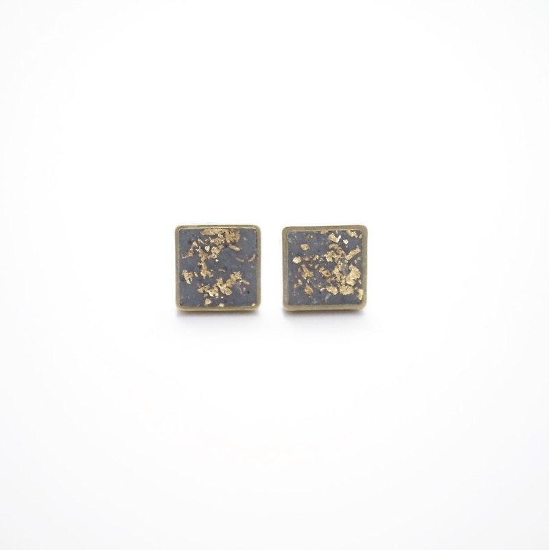 Square Concrete and Gold Leaf Polymer Clay Stud Earrings - ต่างหู - ดินเหนียว สีเทา