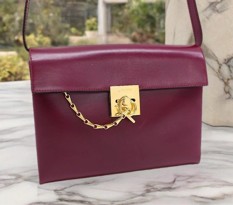 【LA LUNE】Rare second-hand CELINE burgundy gold rudder chain small bag single shoulder crossbody handbag - Messenger Bags & Sling Bags - Genuine Leather Red