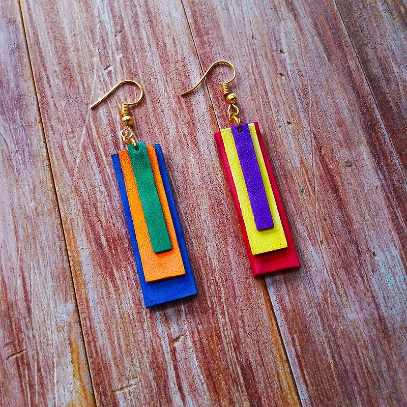 Rectangular earrings, leather ear pins, multi-color, free to match colors, Kai handmade leather - Earrings & Clip-ons - Genuine Leather Red
