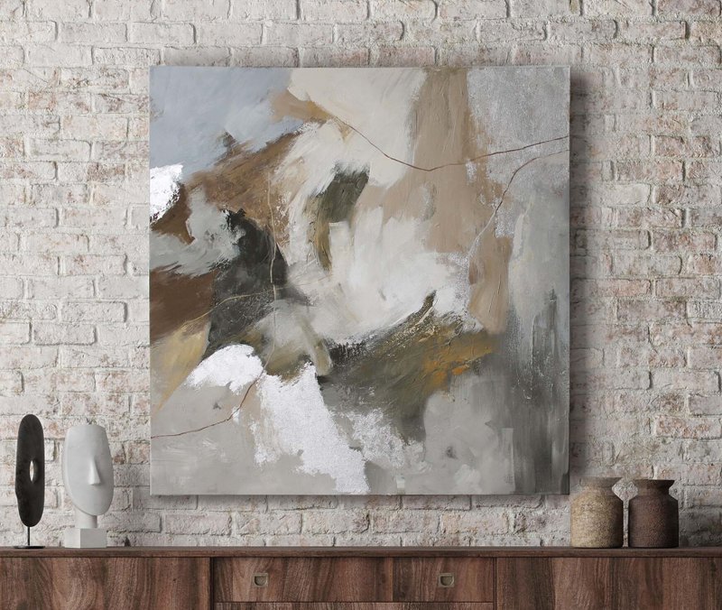 Brown Painting | Brown Abstract Art | Brown and Silver Painting | Balance - 壁貼/牆壁裝飾 - 棉．麻 咖啡色