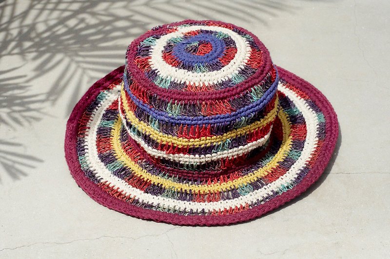A limited edition handmade cotton Linen cap / hat / visor / hat - rainbow gradient hollow weave - Hats & Caps - Cotton & Hemp Multicolor