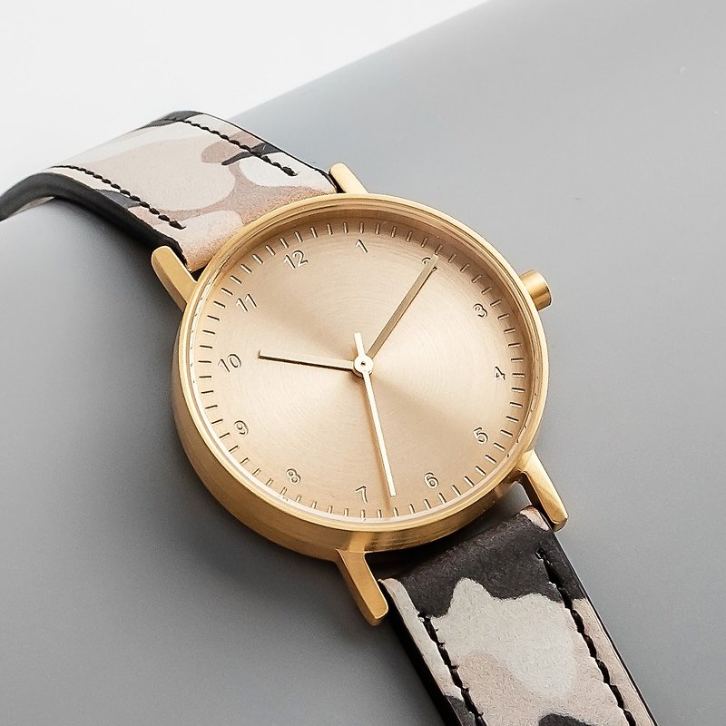 BIJOUONE彼樹灣 B60系列 金色表殼 金色表盤 迷彩卡其色皮帶手錶 - 女錶 - 不鏽鋼 金色