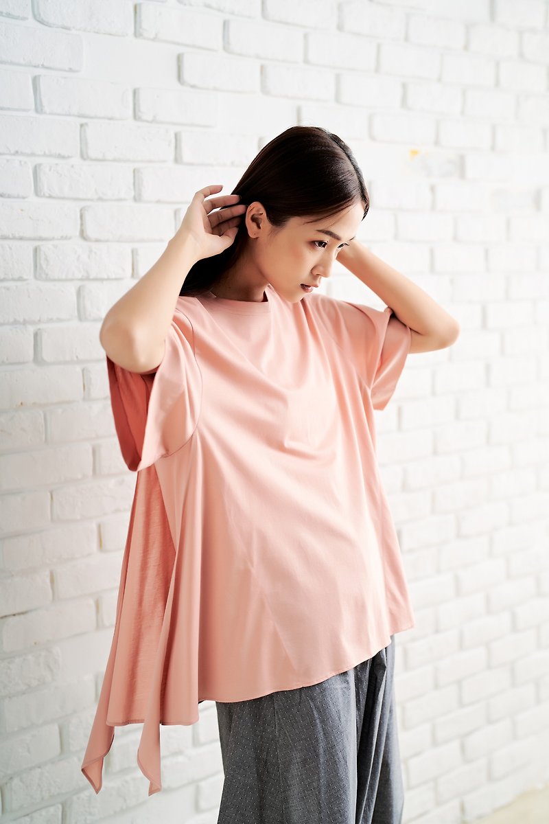Draped Wide Top - Pink Combed Cotton - เสื้อผู้หญิง - ผ้าฝ้าย/ผ้าลินิน สึชมพู