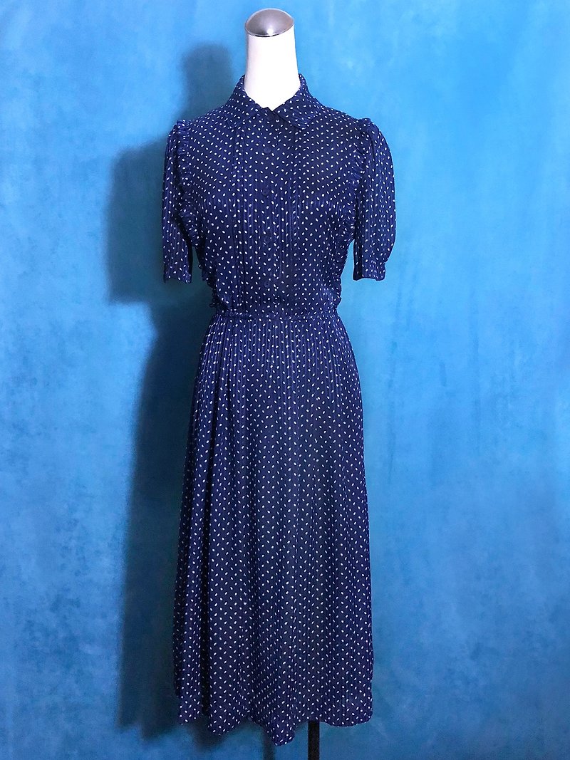 Leaf ruffled textured short-sleeved vintage dress / brought back to VINTAGE abroad - ชุดเดรส - เส้นใยสังเคราะห์ สีน้ำเงิน