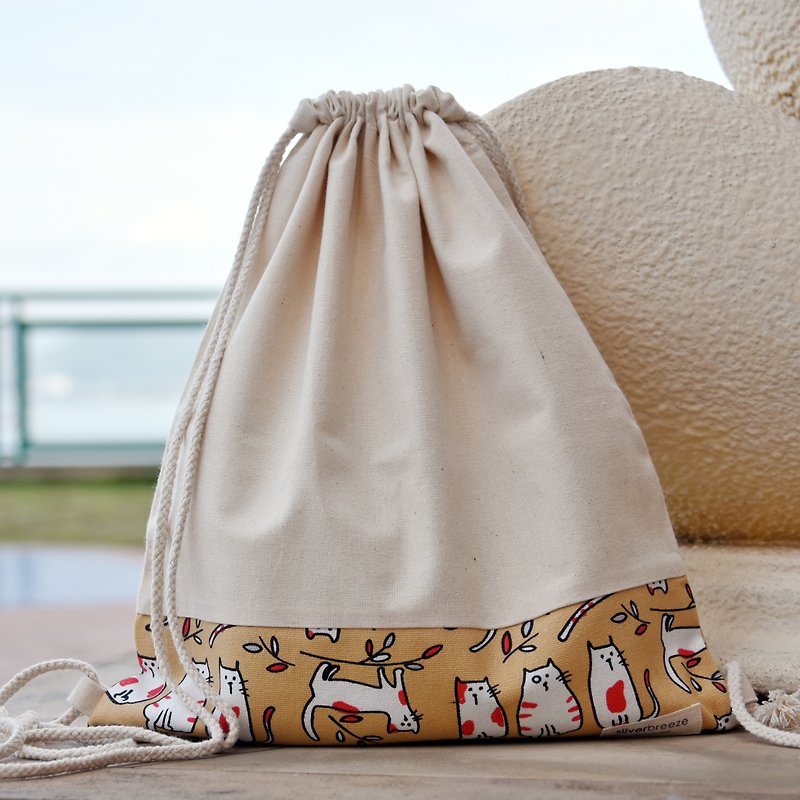 Drawstring Backpack / Drawstring Bag / Drawstring Pocket~ Cat (B141) RS - Drawstring Bags - Cotton & Hemp White