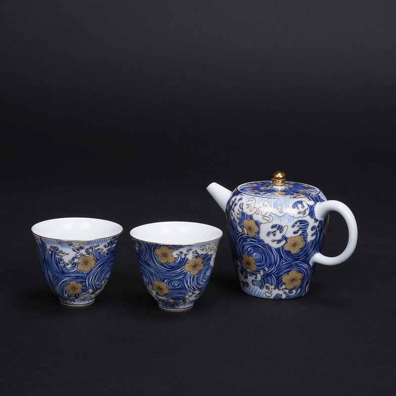 陶瓷青花瓷 茶具組│1壺2杯│星月浪花│描金│畢業禮物 - 茶壺/茶杯/茶具 - 瓷 藍色