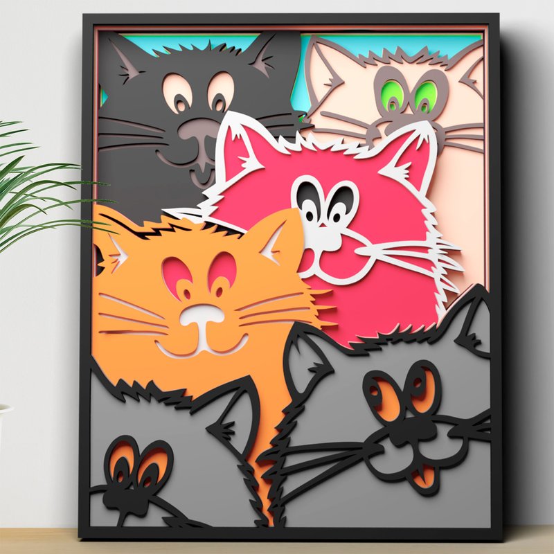用於 Cricut 的 Cats 多層 SVG 檔案、用於家居裝飾面板的雷射切 - 圖文模板設計 - 其他材質 