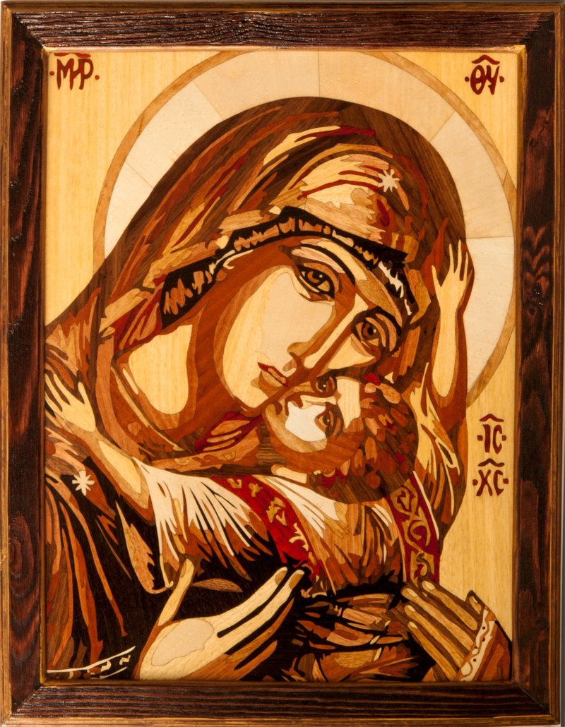 Virgin Mary Affection Greec Orthodox Byzantine Christian God Mother Wood Icon - 壁貼/牆壁裝飾 - 木頭 橘色